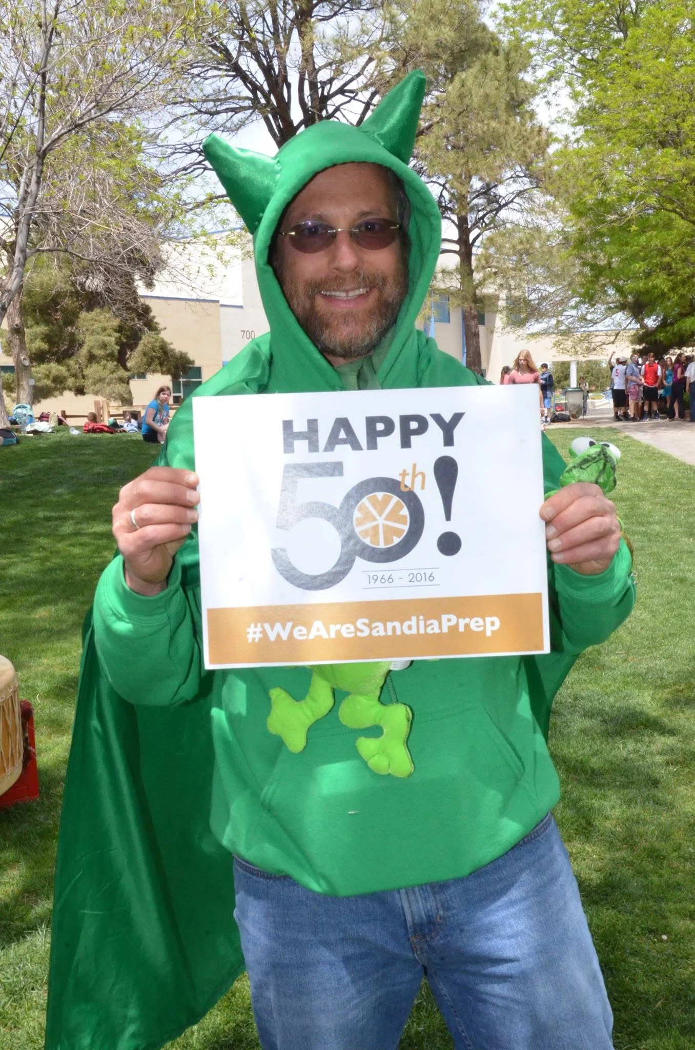 Dr. Chuck Buxbaum celebrates Prep's 50th anniversity in his GreenDevils costume.